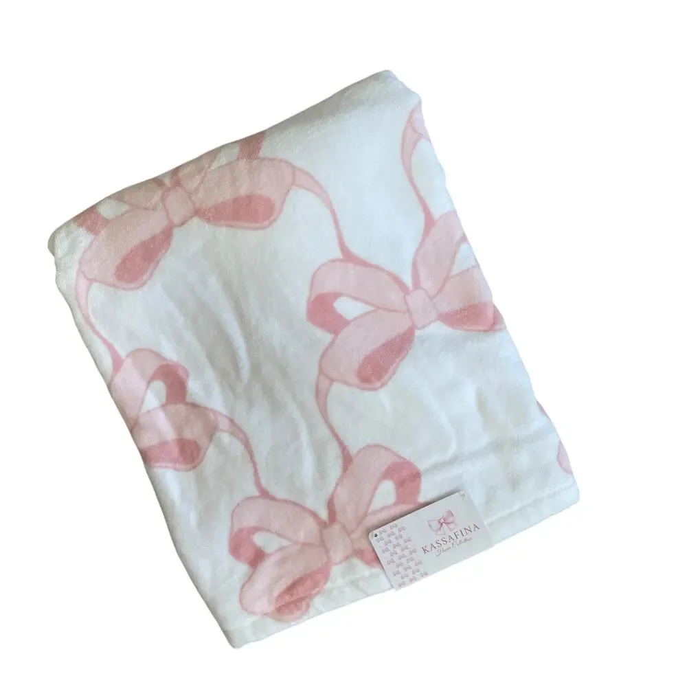 Kassafina Coquette Pink Bow Hand & Bath Towel 4PC Set 100% Cotton White NEW